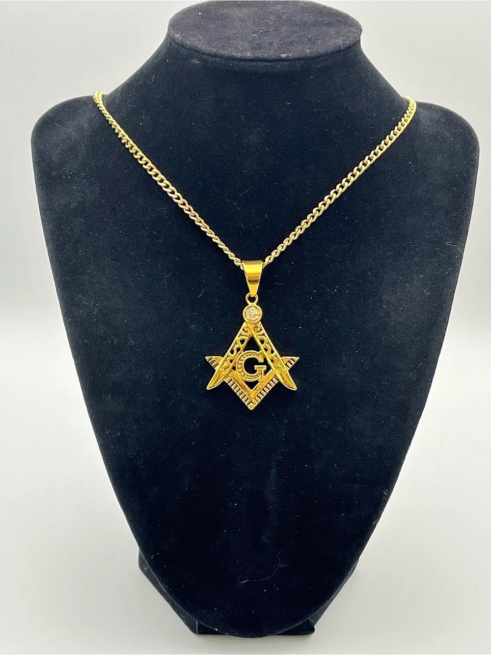 24”, Gold over Stainless Steel Masonic Square and Compass Pendant Necklace